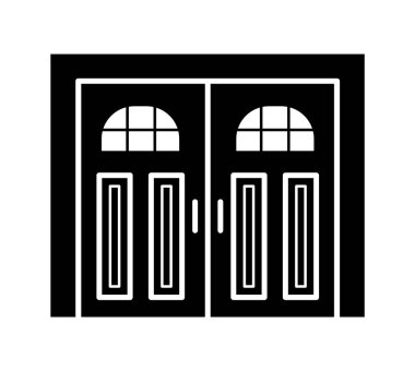 Side hinged vintage garage door. Black & white vector illustration. Flat icon of closed warehouse or barn gate in rustic country style. Symbol for exterior design. Isolated object 