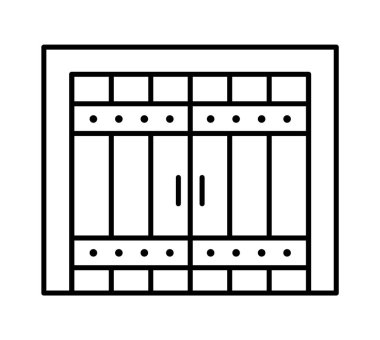Side hinged vintage garage door in rustic country style. Black & white vector illustration. Line icon of closed warehouse or barn gate. Symbol for exterior design. Isolated object on white background