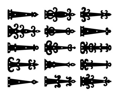 Decorative vintage arrow hinges. Accents for garage and barn doors, gates, trunks. Flat icon set. Vector illustration. Signs of old hardware elements. Isolated objects on white background clipart