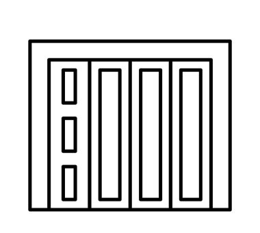 Side sliding sectional garage door. Black & white vector illustration. Line icon of closed warehouse gate. Symbol for exterior design element. Isolated object on white background