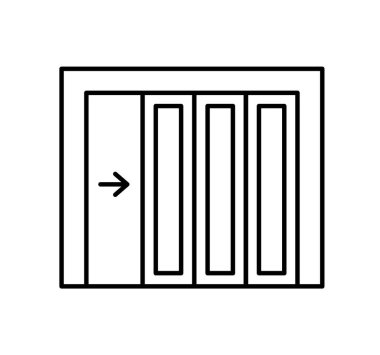 Side sliding sectional garage door. Black & white vector illustration. Line icon of warehouse gate. Symbol for exterior design element. Isolated object