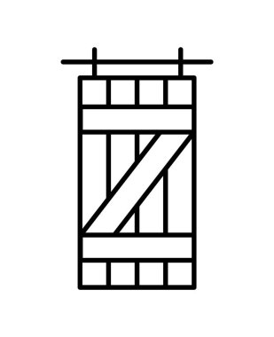 Barn sliding wooden door in old vintage rustic style. Line icon isolated on white background. Interior design element.