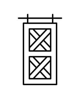 Barn sliding wooden door in old vintage rustic style. Line icon isolated on white background. Interior design element.