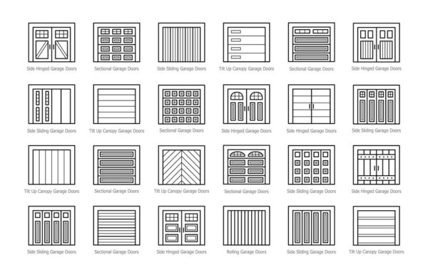 Garage doors closed. Line icon set. Various types of warehouse or workshop gates. Vector illustration with exterior design signs. Isolated objects on white background
