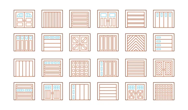 Wooden Garage Doors Closed Line Icon Set Various Types Warehouse — Image vectorielle