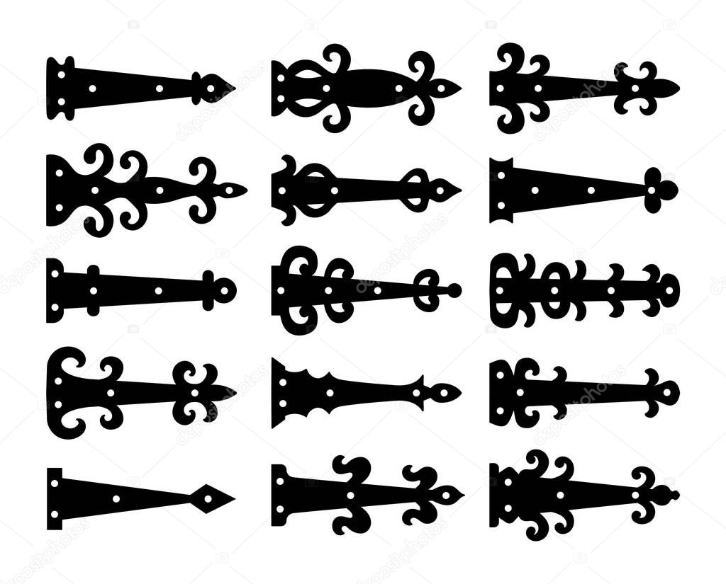Decorative vintage arrow hinges. Accents for garage and barn doors, gates, trunks. Flat icon set. Vector illustration. Signs of old hardware elements. Isolated objects on white background