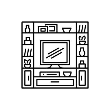 Eğlence merkezi. Raflı televizyon standı. Modern medya konsolunun vektör illüstrasyonu. Düz ekran televizyon dolabının çizgi simgesi. Oturma odası mobilyası. Beyaz arkaplandaki izole nesne