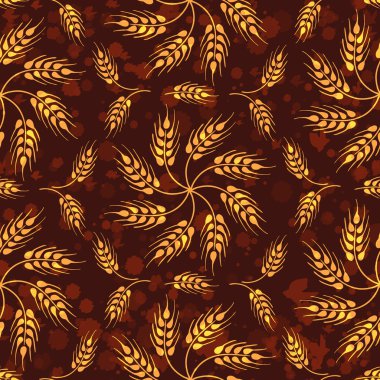 Mozaik buğday çiçekler ve buğday kulakları ile Dikişsiz Vintage desen. Kahverengi boya su sıçramalarına gelen doku ile tarım süsleme