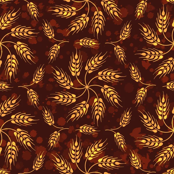 Seamless Vintage Pattern With Mosaic From Wheat Flowers And Wheat Ears. Brown Agricultural Ornament with texture from paint splashes — Stock Vector