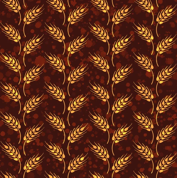 Modèle vintage sans couture avec des rangées de blé jaune. Papier peint agricole marron avec texture des éclaboussures de peinture — Image vectorielle