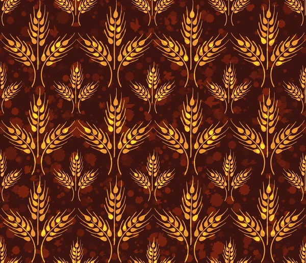 Seamless vintage pattern with wheat. Brown agricultural background with paint splashes — Stock Vector