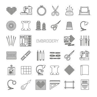 Dikiş hattı Icons set. Çapraz dikiş ve fancywork malzemeleri ve aksesuarları. Nakış kiti, iğne, iplik, makas, çerçeve, bez, dikiş makinesi. Vektör çizim.