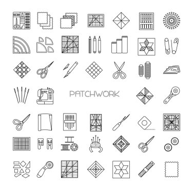 Satır simgeler kapitone ayarlayın. Patchwork malzemeleri ve aksesuarları. Yorgan kumaş seti, yama, iğne, iplik, makas, bez, dikiş makinesi, pin, şablon, cetvel, döner kesici. Vektör çizim.