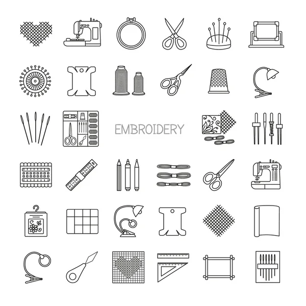 Dikiş hattı Icons set. Çapraz dikiş ve fancywork malzemeleri ve aksesuarları. Nakış kiti, iğne, iplik, makas, çerçeve, bez, dikiş makinesi. Vektör çizim.