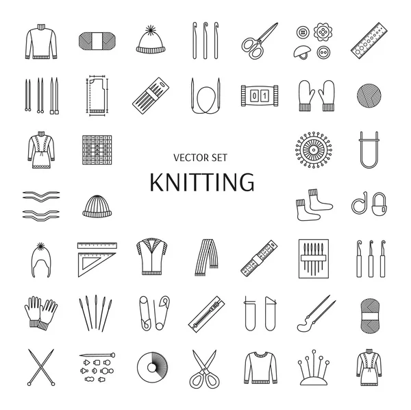 編み線のアイコンを設定します。編み物用品、アクセサリー。針、かぎ針編み、毛糸、フック、ハサミ、パターン。ニット、セーター、スカーフ、ジャケット;ミトン。ソックスです。ベクトル図. — ストックベクタ