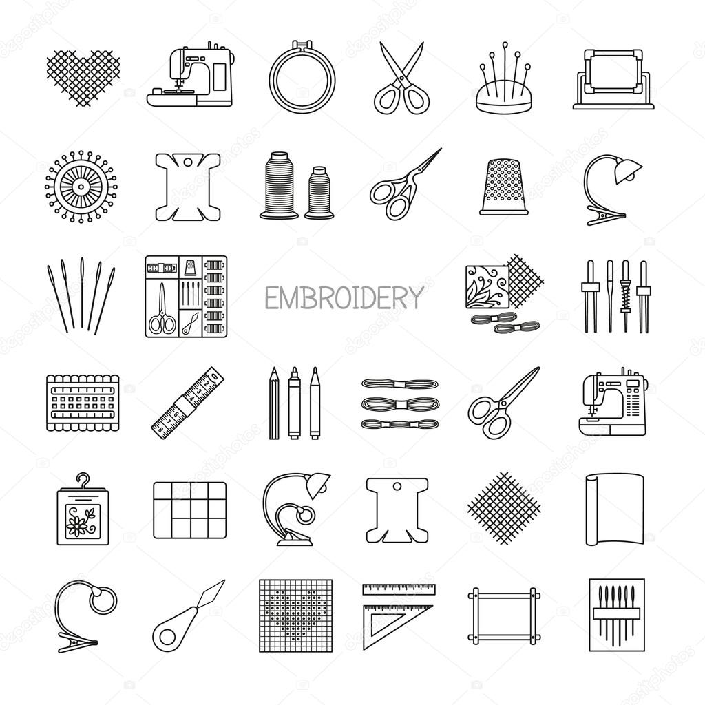Needlework line icons set. Cross stitch and fancywork supplies and accessories.Embroidery kit, needle, thread, scissors,  frame, cloth, sewing machine. Vector illustration.