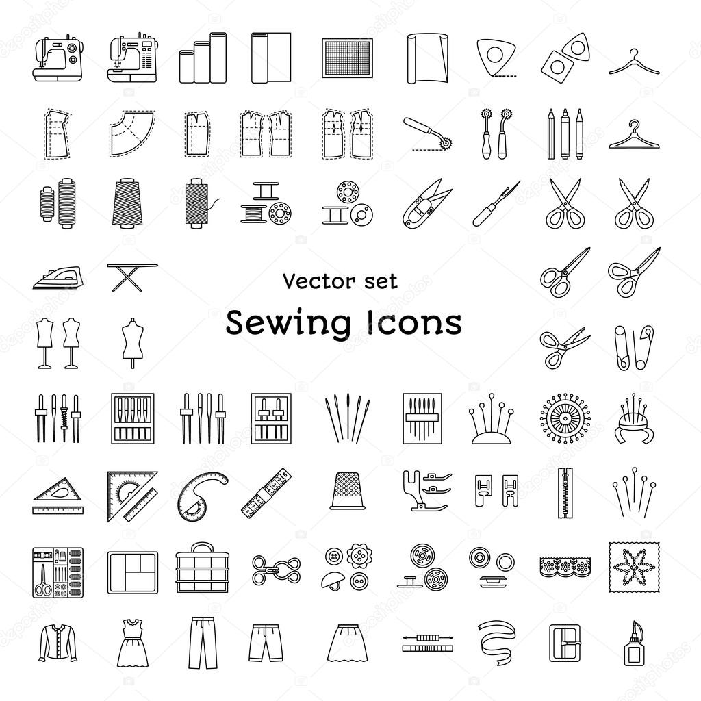 Sewing line icons set. Tailoring supplies and accessories. Fabric, needle, thread, scissors, sewing machine, pin, ruler, organizer, iron, zipper, spool, kit, pattern, tailor's dummy. Vector illustration.