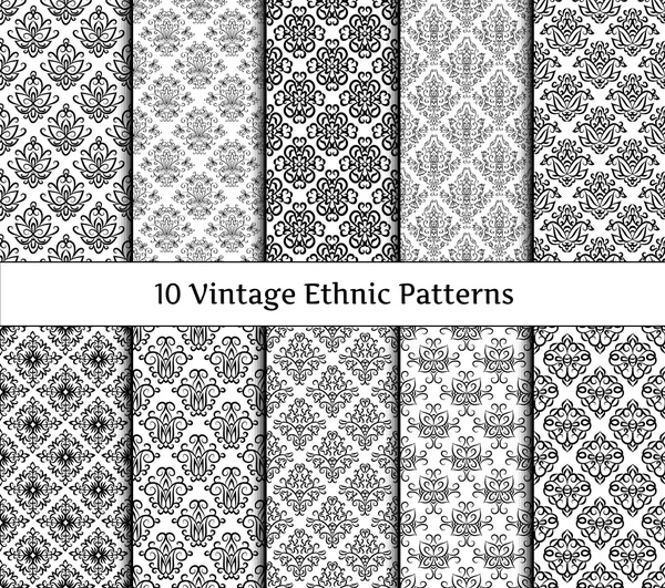 Set of ethnic vintage patterns. Collection of classical old fashioned wallpapers in black and white colors — Stock Vector