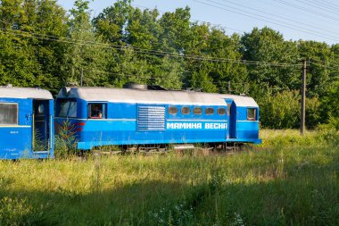 Haivoron, Ukrayna - 10 Temmuz 2021: Haivoron tren istasyonu yakınlarındaki Dar ölçü lokomotifi TU2