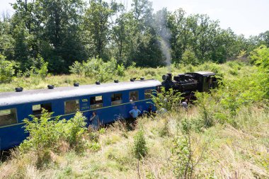 Haivoron, Ukrayna - 10 Temmuz 2021: Haivoron tren istasyonu yakınlarındaki eski buharlı lokomotif Gr-280