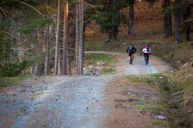 Kadınlar ve dağ bisikletçisi dağ ormanlarında bisikletle geziyor. MTB pisti çift enduro akış izini sürüyor. Açık hava sporları aktivitesi. Sert ve dik tırmanış