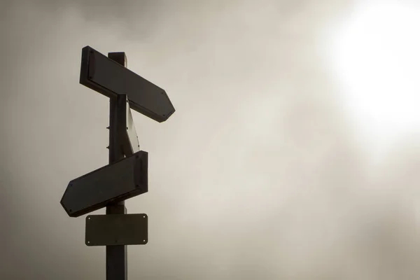 Empty Panels Indicating Complicated Path Direction Follow Storm Sky Clouds — Stock Photo, Image