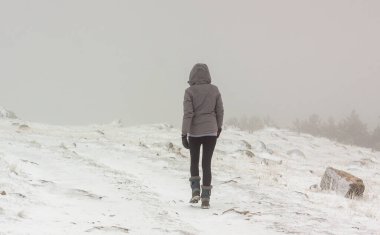 Karda yürüyen yalnız bir kadın. Kışın aşırı hava. Sierrra de Guadarrama Ulusal Parkı, Madrid ve Segovia 'da.