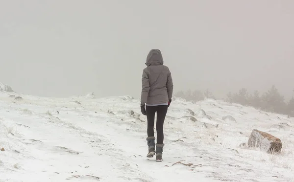 Karda yürüyen yalnız bir kadın. Kışın aşırı hava. Sierrra de Guadarrama Ulusal Parkı, Madrid ve Segovia 'da.