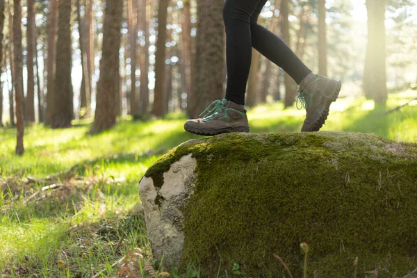 person walking through the forest in nature. Healthy life style. Boots in the foreground