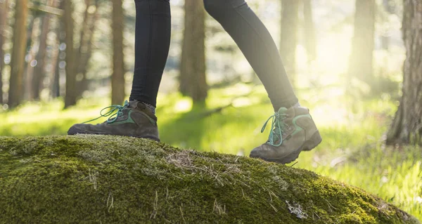 person walking through the forest in nature. Healthy life style. Boots in the foreground