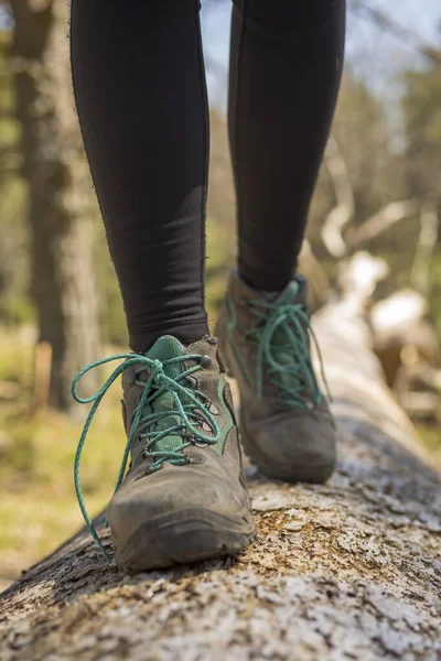 Person Promenader Genom Skogen Naturen Hälsosam Livsstil Stövlar Förgrunden — Stockfoto