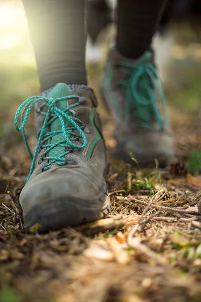 自然界の森を歩く人です 健康的なライフスタイル 手前にブーツ — ストック写真