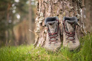 Ormanda yürüyüş botları. Uzun bir yürüyüşten sonra dinlenin. Doğada sağlıklı bir yaşam tarzı.