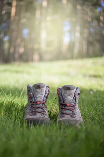 Sepatu Hiking Hutan Beristirahatlah Setelah Perjalanan Panjang Gaya Hidup Sehat — Stok Foto