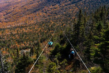 Stowe, Vermont 'ta sonbahar boyunca çok uzun ve hızlı halatla kayan iki kişi.