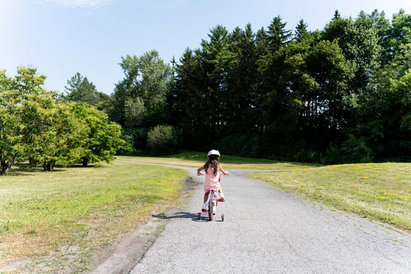 Молода дівчина в рожевій сукні і шолом їде рожевий велосипед на парковому тротуарі, видно ззаду — стокове фото