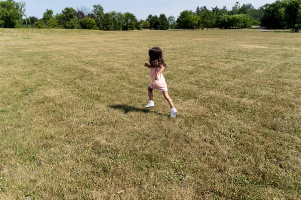 Молода дівчина в рожевій сукні і біжить в парку видно ззаду — стокове фото