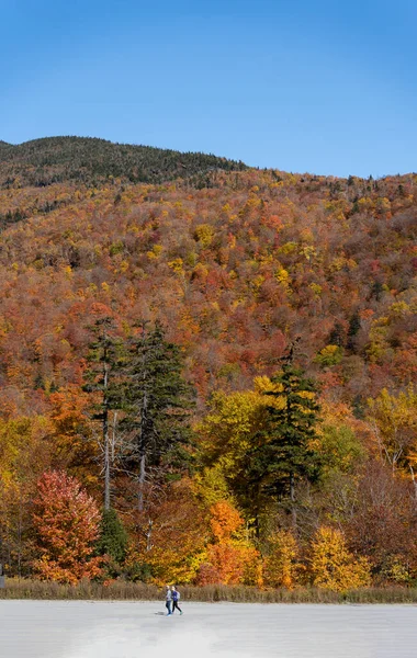 Couleur automnale vue de dessus, avec téléobjectif, sur Stowe Mountains dans le Vermont, US. Une forêt d'arbres devenant rouge et orange. — Photo