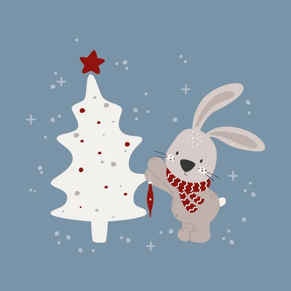 Merry Christmas New Year Greeting Card Christmas Clipart Cute Bunny — Stock Vector