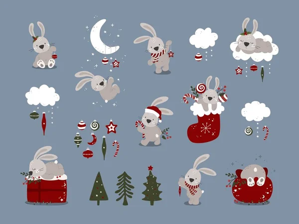Set Merry Christmas New Year Cliparts Cute Bunny Vector Illustration — Stock Vector