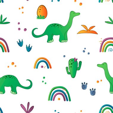 Güzel dinozor parçalarıyla kusursuz desen. Çocuk dekorasyonu için dinazor rengi parmak izi. Vektör illüstrasyonu.