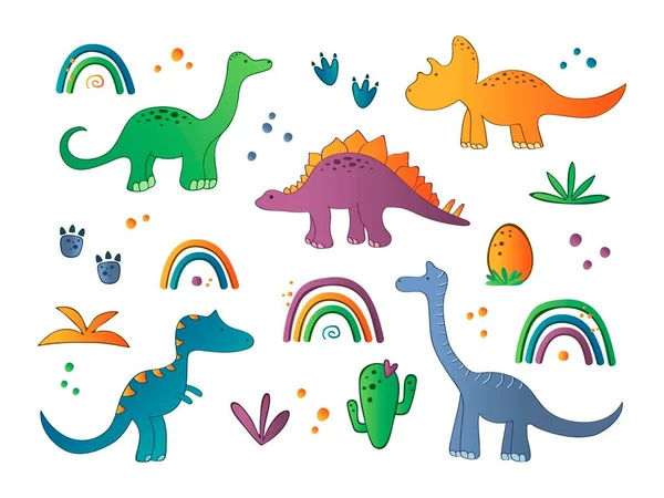 Cute Collection Lovely Dinosaurs Characters Dino Colorfull Print Kids Decor — Stock Vector