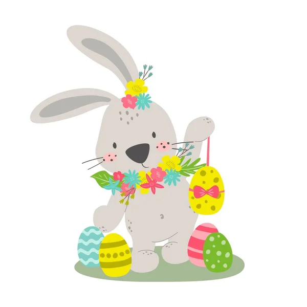 Симпатичный Пасхальный Кролик Яйцами Изолированы Белом Фоне Праздником Пасхи Векторная Лицензионные Стоковые Иллюстрации