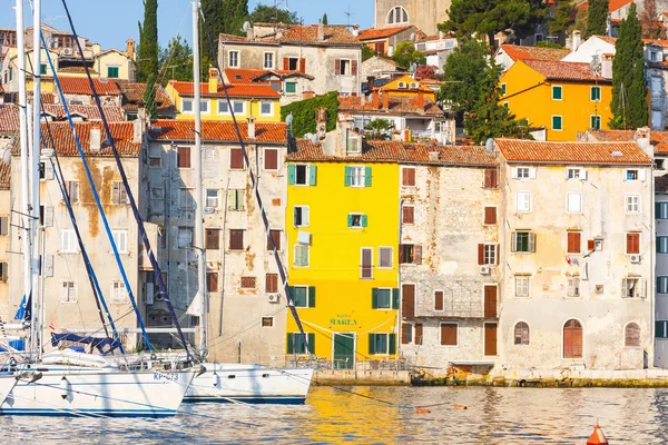 Rovinj, Croatia, 12 JULY 2012: Morning view on sailboat harbor in Rovinj with many moored sail boats and yachts, Croatia — Stock Photo, Image