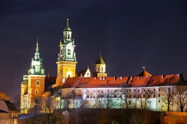 Hrad wašwel v noci v Krakově, Polsko — Stock fotografie