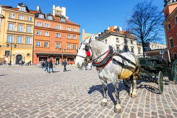 WARSAW, POLAND, 13 march 2016: Horse carriage at main square in Warsaw in a sunny day. Warsaw is the capital and largest city of Poland — Stock Photo, Image