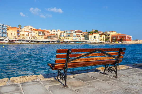 Empty bench with view of the old port in Chania, Crete, Greece — Stock Photo, Image