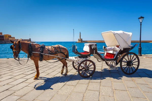 Horse carriage for transporting tourists in old port of Chania on Crete, Greece Royalty Free Stock Photos