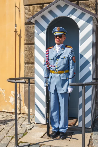 Praga, República Checa, 20 de agosto de 2011: Guardia de pie frente a la entrada del Castillo de Praga, sede del presidente — Foto de Stock