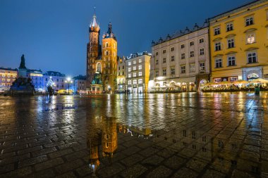 Krakow, Poland, January 22, 2020: Old Town of Krakow at dusk in Poland, Main Market Square